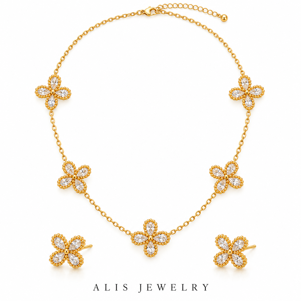 Parure trèfles porte-bonheur plaqué or 18K - Alis Jewelry - fond blanc