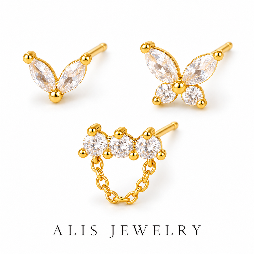 Trio de boucles d'oreilles papillon plaqué or 18K - Alis Jewelry - fond blanc